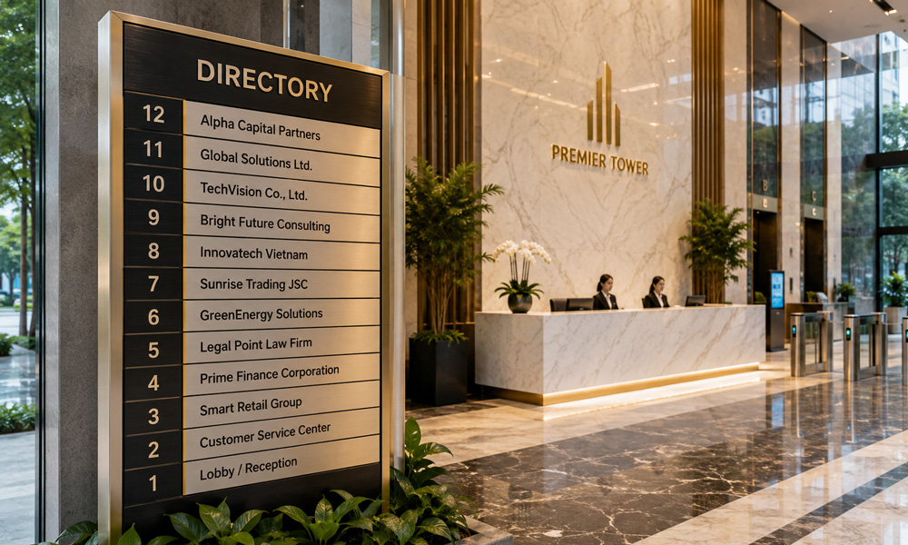 Bảng tên trên directory tòa nhà được đặt tại khu vực lễ tân, sảnh chính
