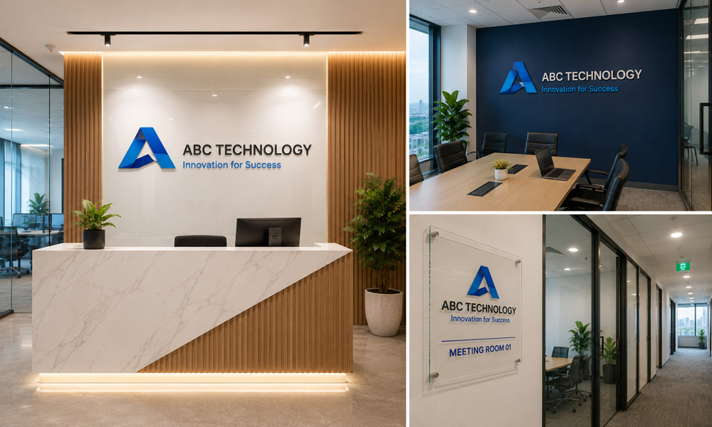 Logo và bảng nhận diện được lắp đặt tại quầy lễ tân nội bộ, vách backdrop, phòng họp