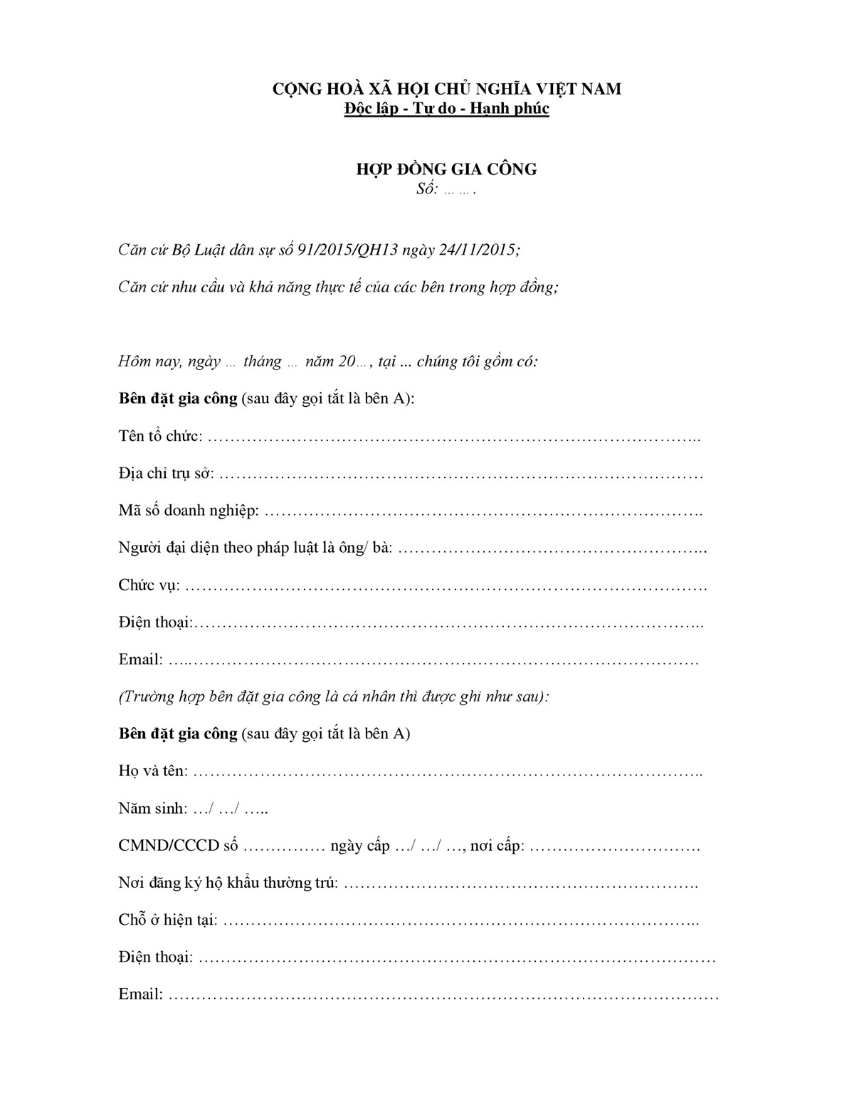 hợp đồng gia công